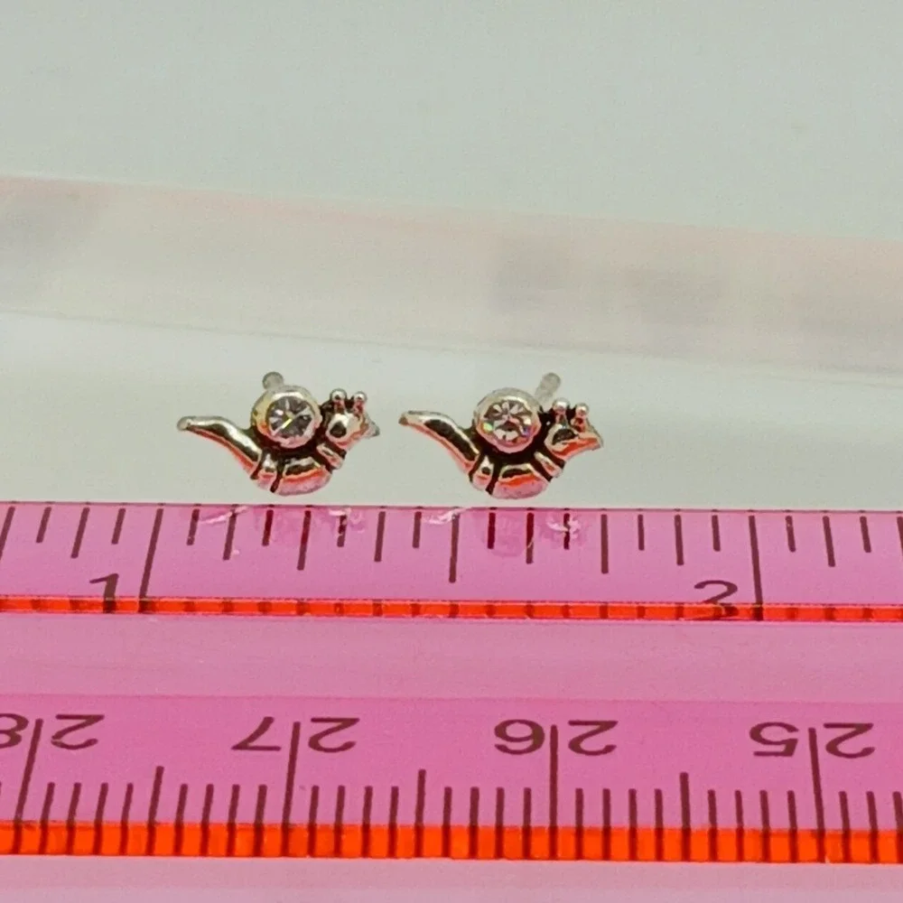Vintage 1990s Thai Sterling Silver 925 Snail Stud Earrings Crystal Tiny Nature